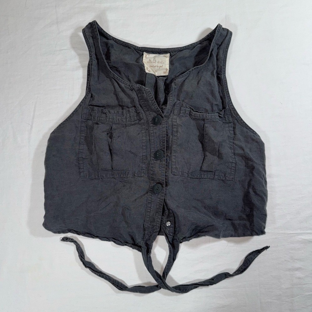 Charcoal Gray Linen Blend Tie Front Button Utility Crop Top Altar'd State Size M